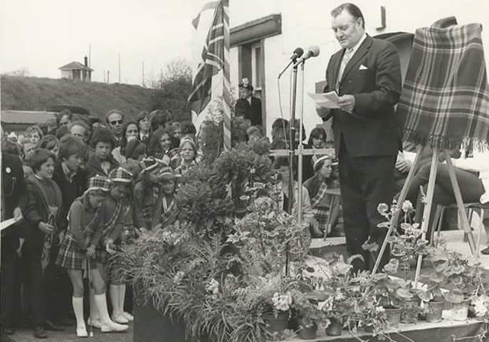 Speaker announces the grand opening of The Community Centre in the 1970s